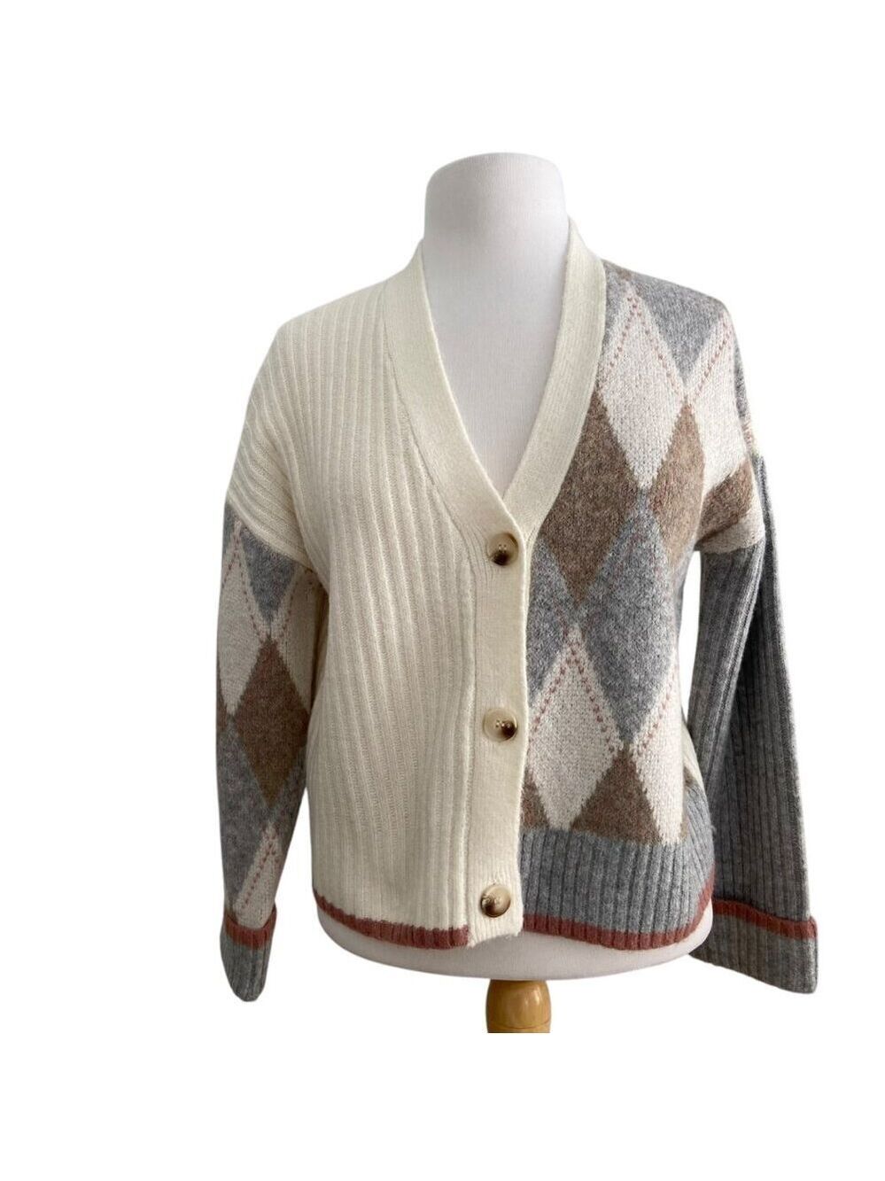 Vintage style Womens Argyle oversized crop Cardigan Sweater V-Neck Button-Up XS